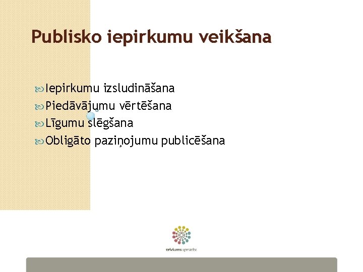 Publisko iepirkumu veikšana Iepirkumu izsludināšana Piedāvājumu vērtēšana Līgumu slēgšana Obligāto paziņojumu publicēšana 