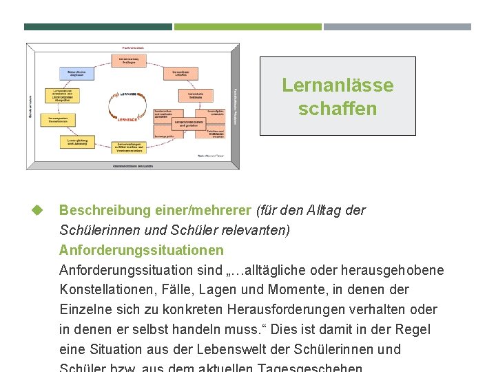 Lernanlässe schaffen Beschreibung einer/mehrerer (für den Alltag der Schülerinnen und Schüler relevanten) Anforderungssituationen Anforderungssituation