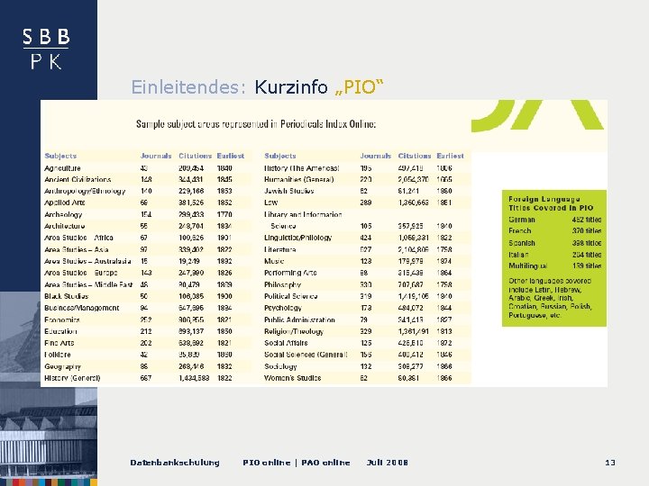 Einleitendes: Kurzinfo „PIO“ Datenbankschulung PIO online | PAO online Juli 2008 13 