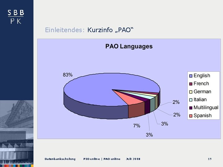 Einleitendes: Kurzinfo „PAO“ Datenbankschulung PIO online | PAO online Juli 2008 19 