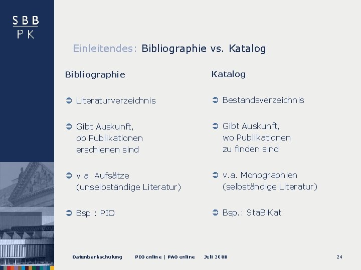 Einleitendes: Bibliographie vs. Katalog Bibliographie Katalog Literaturverzeichnis Bestandsverzeichnis Gibt Auskunft, ob Publikationen erschienen sind