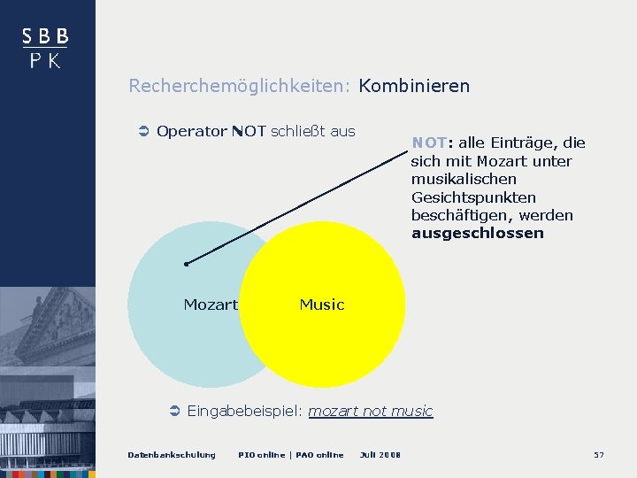 Recherchemöglichkeiten: Kombinieren Operator NOT schließt aus Mozart NOT: alle Einträge, die sich mit Mozart