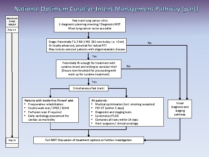 National Optimum Curative Intent Management Pathway (part) Maximum times NOLCP Day 1 -5 Fast