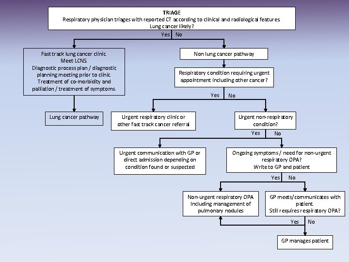 TRIAGE Respiratory physician triages with reported CT according to clinical and radiological features. Lung