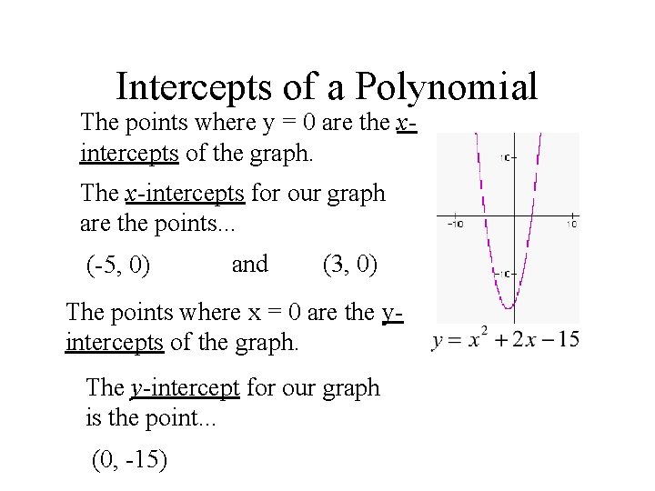 Intercepts of a Polynomial The points where y = 0 are the xintercepts of