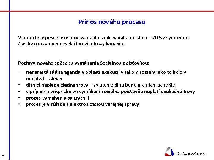 Prínos nového procesu V prípade úspešnej exekúcie zaplatil dlžník vymáhanú istinu + 20% z