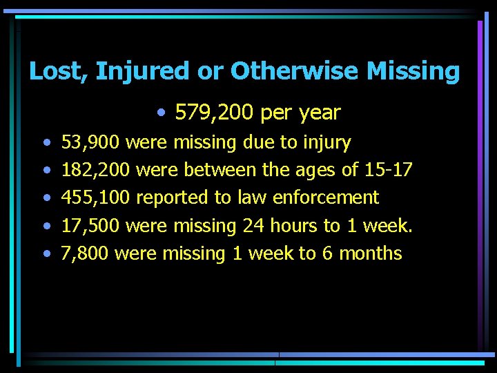 Lost, Injured or Otherwise Missing • 579, 200 per year • • • 53,