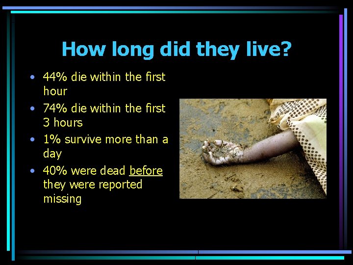 How long did they live? • 44% die within the first hour • 74%