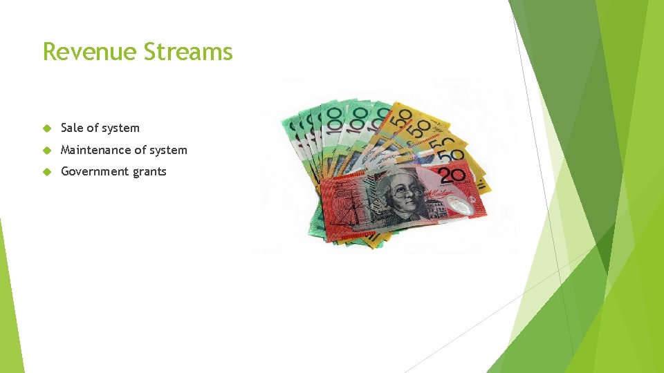 Revenue Streams Sale of system Maintenance of system Government grants 