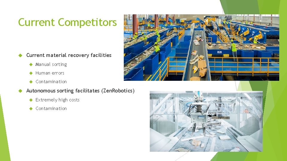 Current Competitors Current material recovery facilities Manual sorting Human errors Contamination Autonomous sorting facilitates