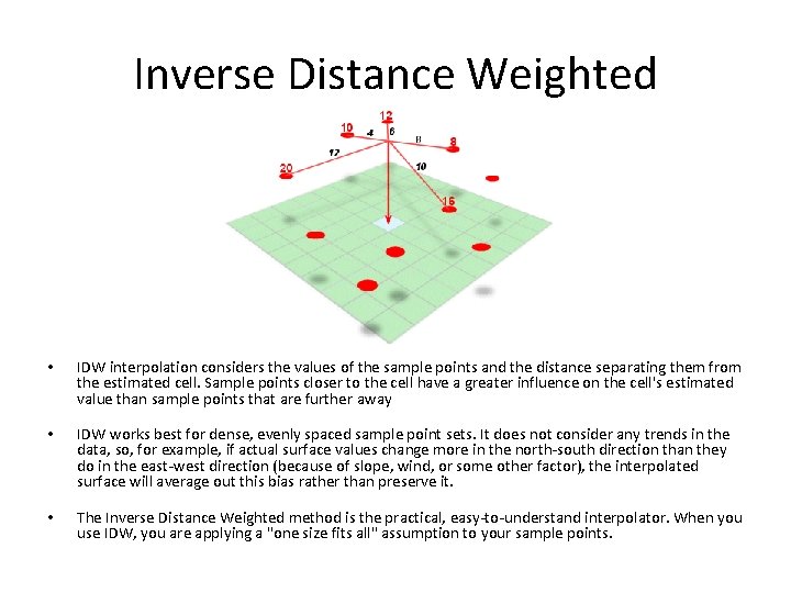 Inverse Distance Weighted • IDW interpolation considers the values of the sample points and