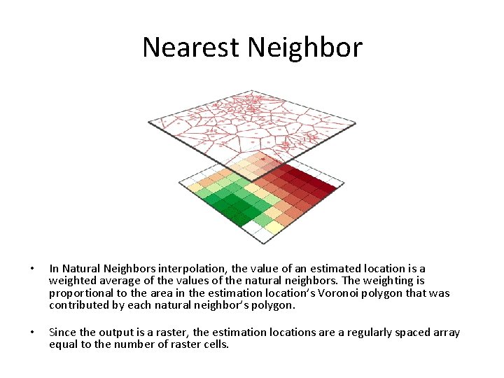 Nearest Neighbor • In Natural Neighbors interpolation, the value of an estimated location is