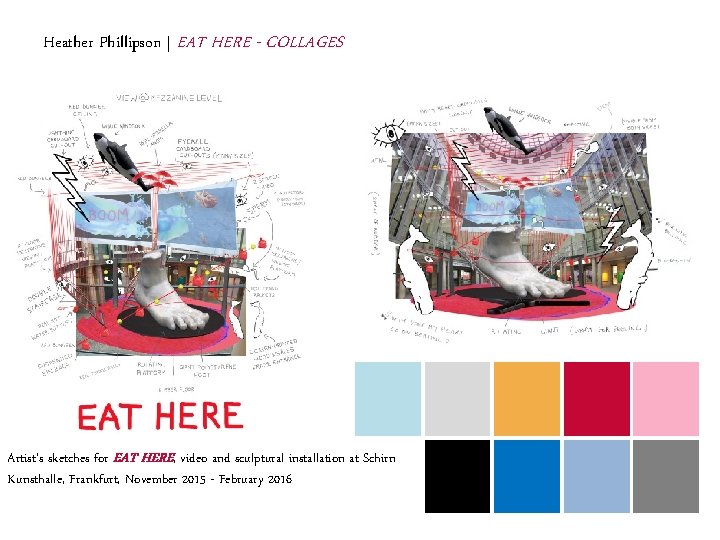 Heather Phillipson | EAT HERE - COLLAGES Artist’s sketches for EAT HERE, video and