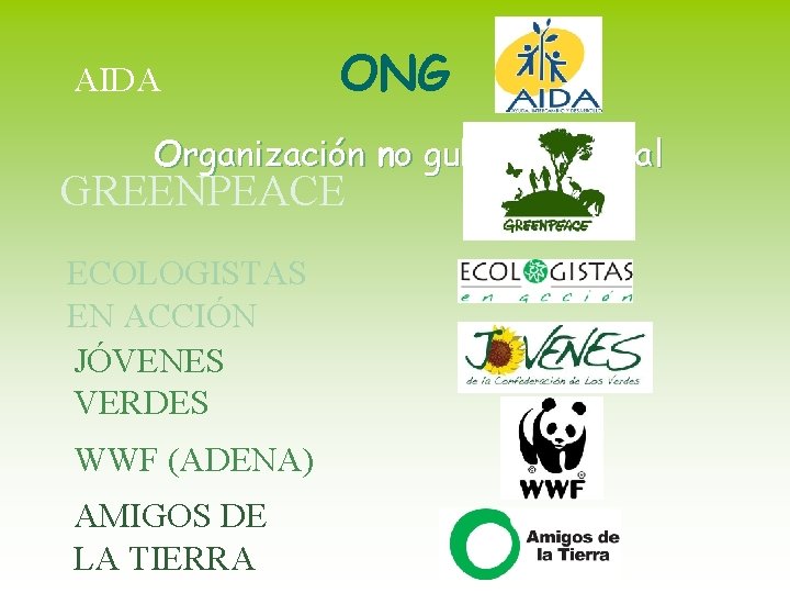 AIDA ONG Organización no gubernamental GREENPEACE ECOLOGISTAS EN ACCIÓN JÓVENES VERDES WWF (ADENA) AMIGOS