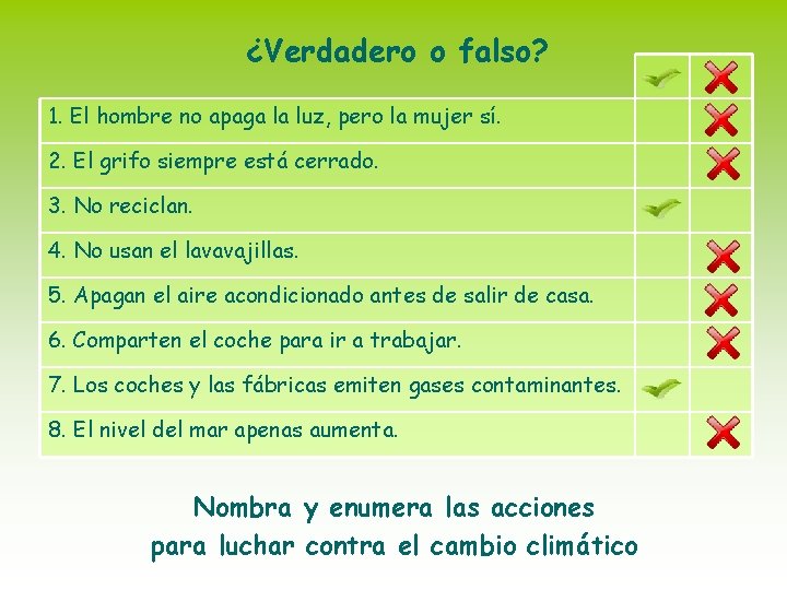 ¿Verdadero o falso? 1. El hombre no apaga la luz, pero la mujer sí.