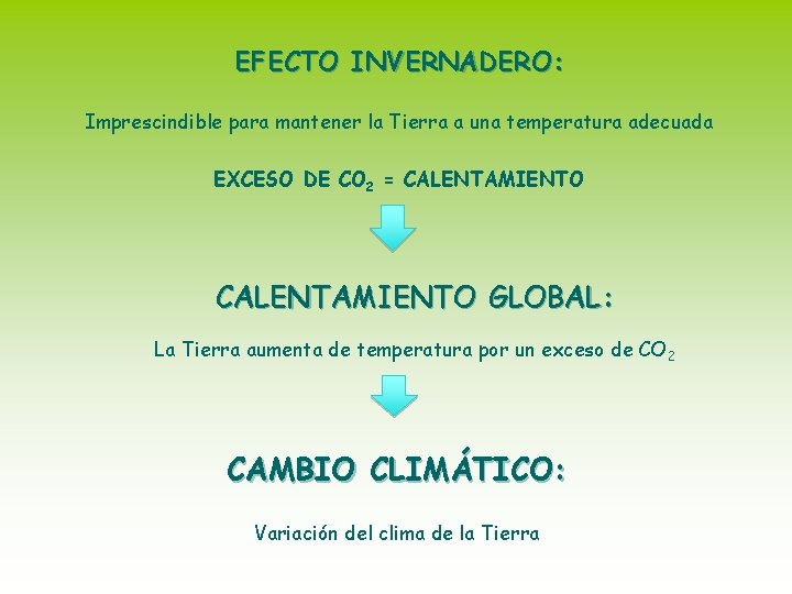 EFECTO INVERNADERO: Imprescindible para mantener la Tierra a una temperatura adecuada EXCESO DE CO