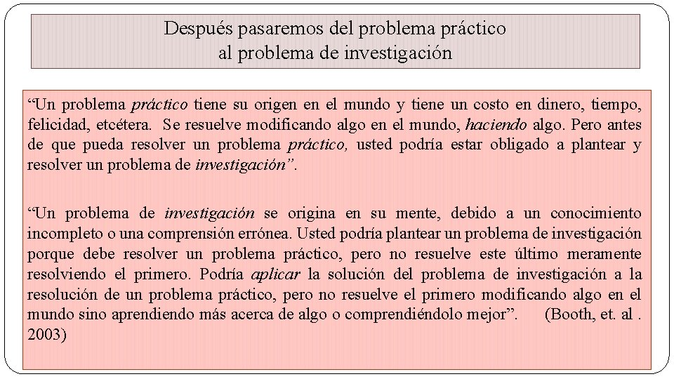 Después pasaremos del problema práctico al problema de investigación “Un problema práctico tiene su