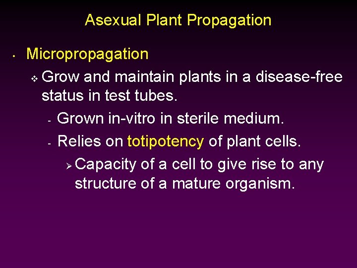 Asexual Plant Propagation • Micropropagation v Grow and maintain plants in a disease-free status