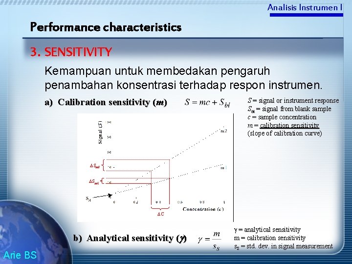 Analisis Instrumen I Performance characteristics 3. SENSITIVITY Kemampuan untuk membedakan pengaruh penambahan konsentrasi terhadap