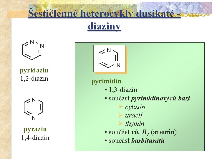 Šestičlenné heterocykly dusíkaté diaziny N N pyridazin 1, 2 -diazin N N pyrazin 1,