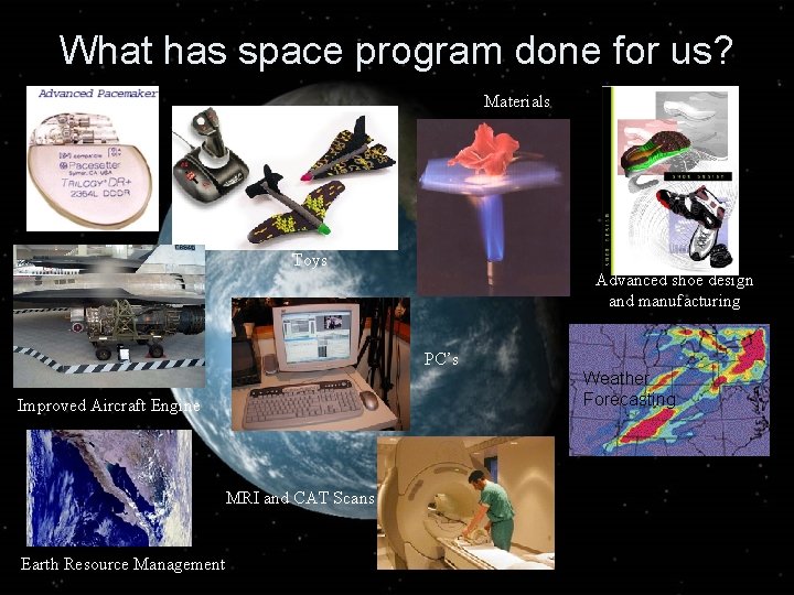What has space program done for us? Materials Toys Advanced shoe design and manufacturing