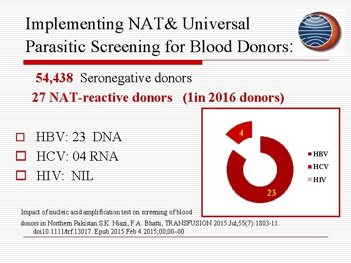 Implementing NAT& Universal Parasitic Screening for Blood Donors: 54, 438 Seronegative donors 27 NAT-reactive