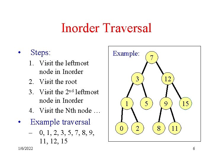 Inorder Traversal • Steps: Example: 1. Visit the leftmost node in Inorder 2. Visit Inorder Traversal • Steps: Example: 1. Visit the leftmost node in Inorder 2. Visit