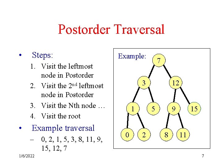 Postorder Traversal • Steps: Example: 1. Visit the leftmost node in Postorder 2. Visit Postorder Traversal • Steps: Example: 1. Visit the leftmost node in Postorder 2. Visit