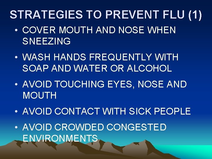 STRATEGIES TO PREVENT FLU (1) • COVER MOUTH AND NOSE WHEN SNEEZING • WASH