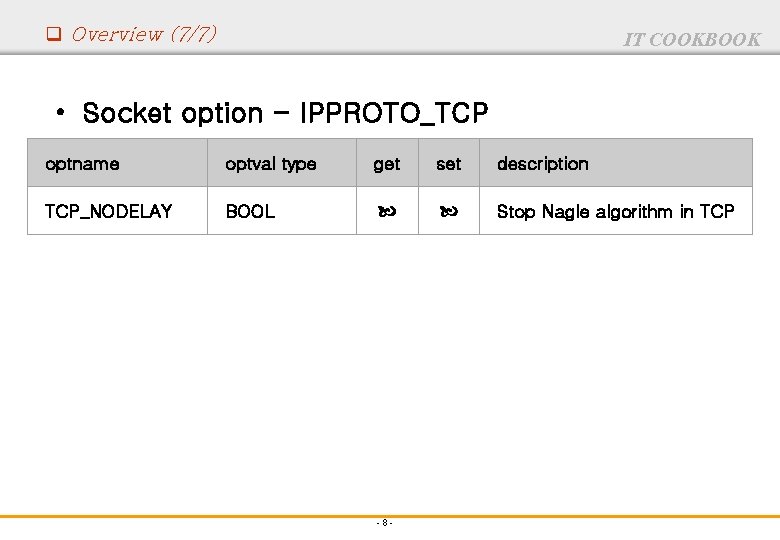 q Overview (7/7) IT COOKBOOK • Socket option - IPPROTO_TCP optname optval type get