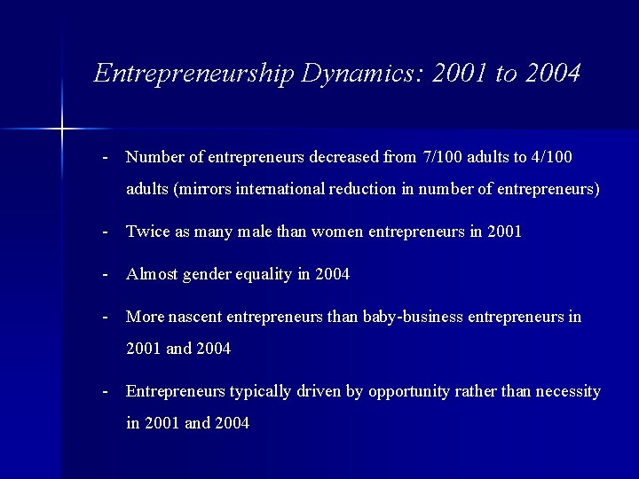 Entrepreneurship Dynamics: 2001 to 2004 - Number of entrepreneurs decreased from 7/100 adults to