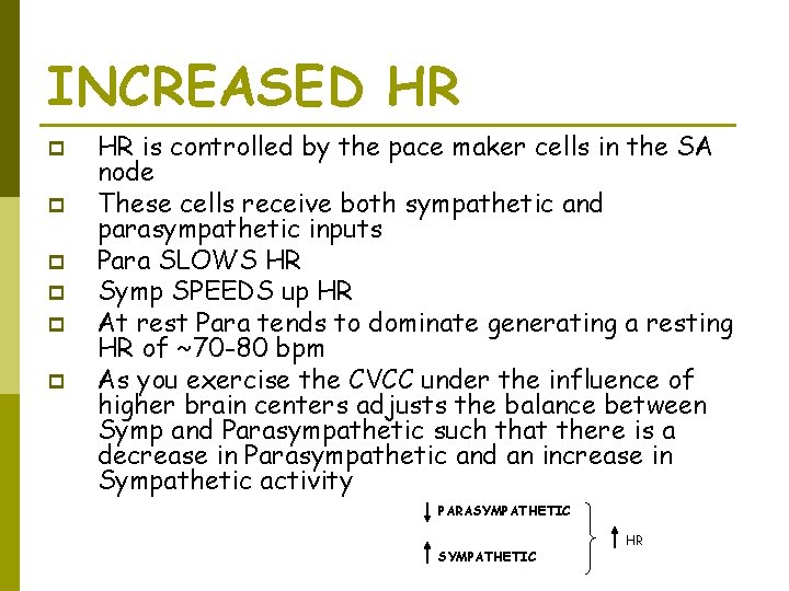 INCREASED HR p p p HR is controlled by the pace maker cells in