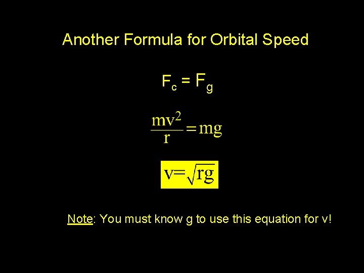 Another Formula for Orbital Speed Fc = Fg Note: You must know g to