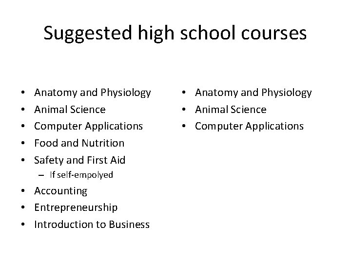 Suggested high school courses • • • Anatomy and Physiology Animal Science Computer Applications