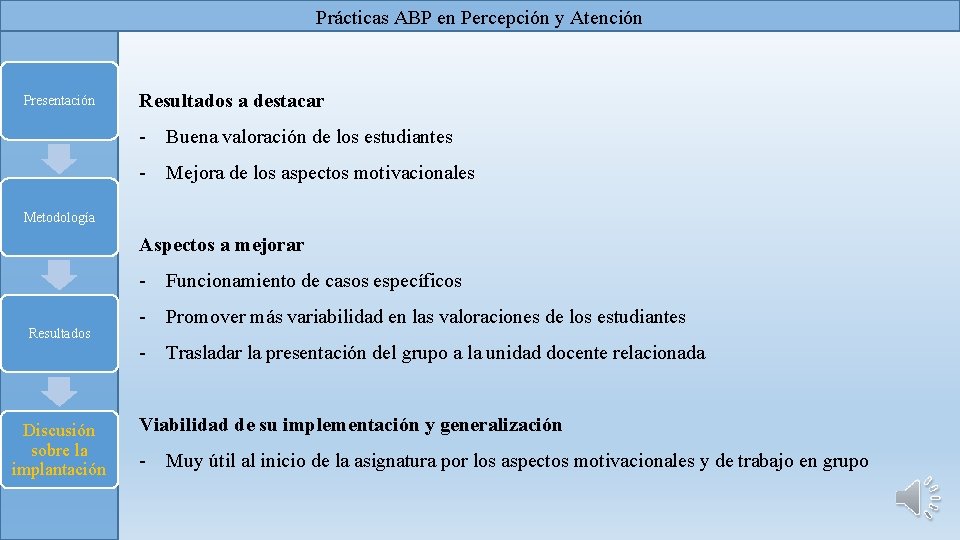 Prácticas ABP en Percepción y Atención Presentación Resultados a destacar - Buena valoración de