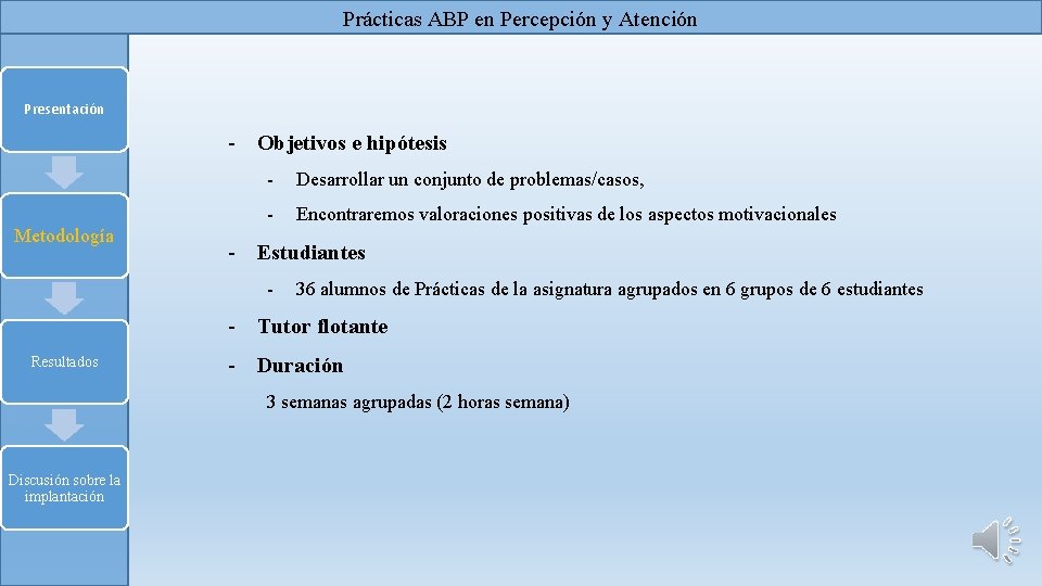 Prácticas ABP en Percepción y Atención Presentación - Objetivos e hipótesis Metodología - Desarrollar