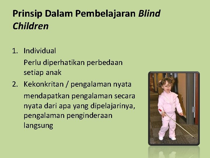 Prinsip Dalam Pembelajaran Blind Children 1. Individual Perlu diperhatikan perbedaan setiap anak 2. Kekonkritan