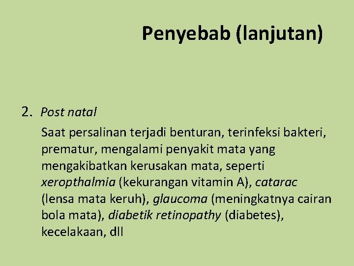 Penyebab (lanjutan) 2. Post natal Saat persalinan terjadi benturan, terinfeksi bakteri, prematur, mengalami penyakit