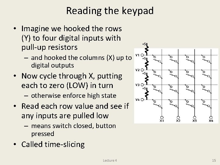 Reading the keypad • Imagine we hooked the rows (Y) to four digital inputs