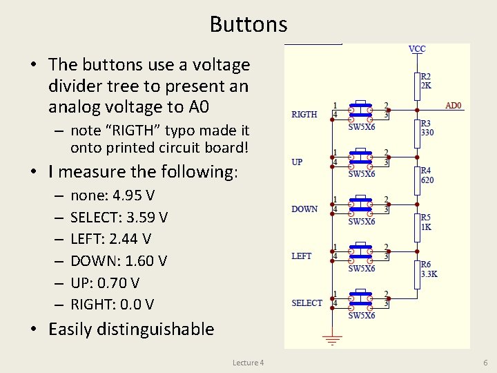 Buttons • The buttons use a voltage divider tree to present an analog voltage