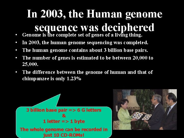 In 2003, the Human genome sequence was deciphered Genome is the complete set of