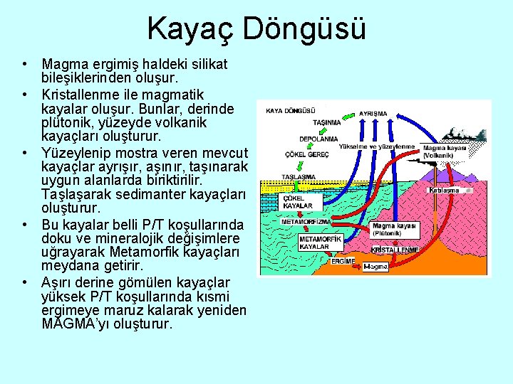 Kayaç Döngüsü • Magma ergimiş haldeki silikat bileşiklerinden oluşur. • Kristallenme ile magmatik kayalar