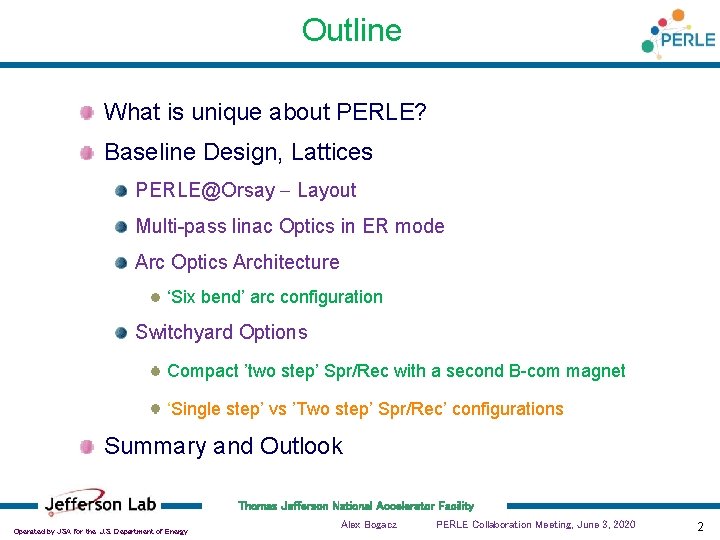 Outline What is unique about PERLE? Baseline Design, Lattices PERLE@Orsay - Layout Multi-pass linac