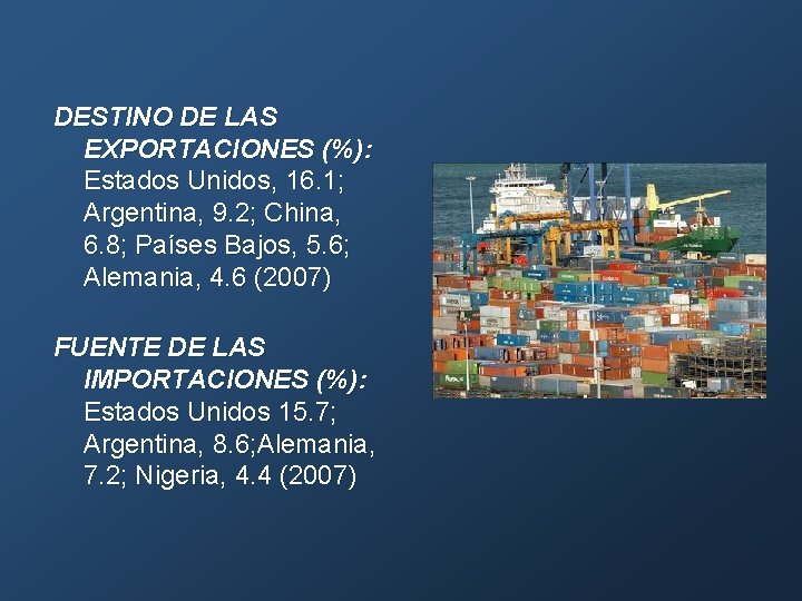 DESTINO DE LAS EXPORTACIONES (%): Estados Unidos, 16. 1; Argentina, 9. 2; China, 6.