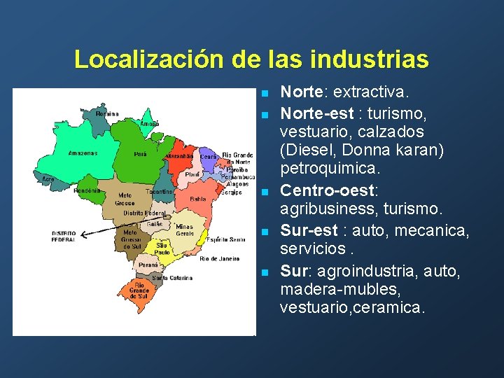 Localización de las industrias n n n Norte: extractiva. Norte-est : turismo, vestuario, calzados