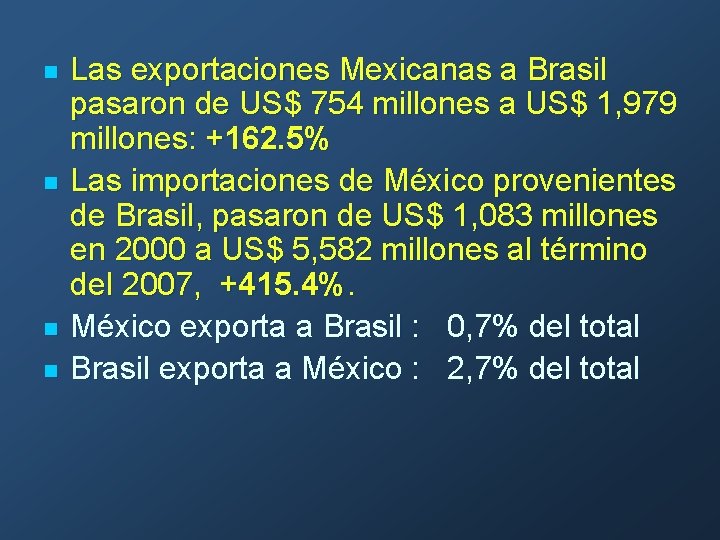 n n Las exportaciones Mexicanas a Brasil pasaron de US$ 754 millones a US$