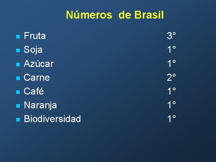 Números de Brasil n n n n Fruta Soja Azúcar Carne Café Naranja Biodiversidad