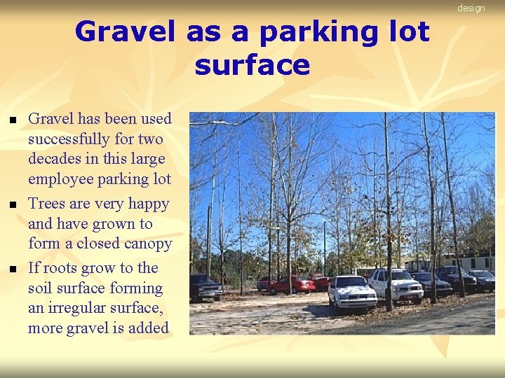 design Gravel as a parking lot surface n n n Gravel has been used