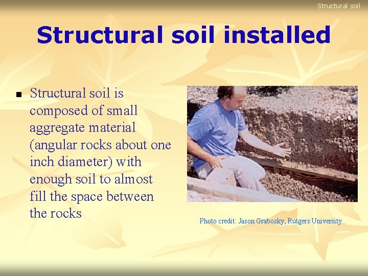 Structural soil installed n Structural soil is composed of small aggregate material (angular rocks