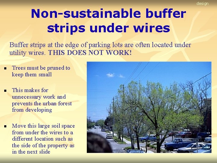 design Non-sustainable buffer strips under wires Buffer strips at the edge of parking lots
